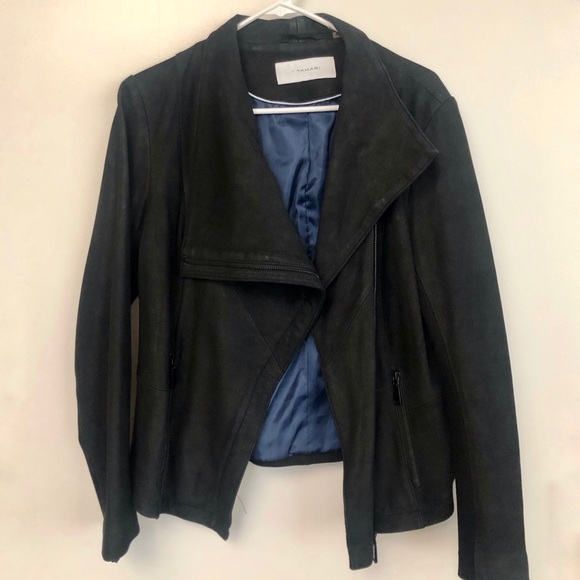 T Tahari Trisha Drape Front Black Leather Jacket M - Picture 2 of 6